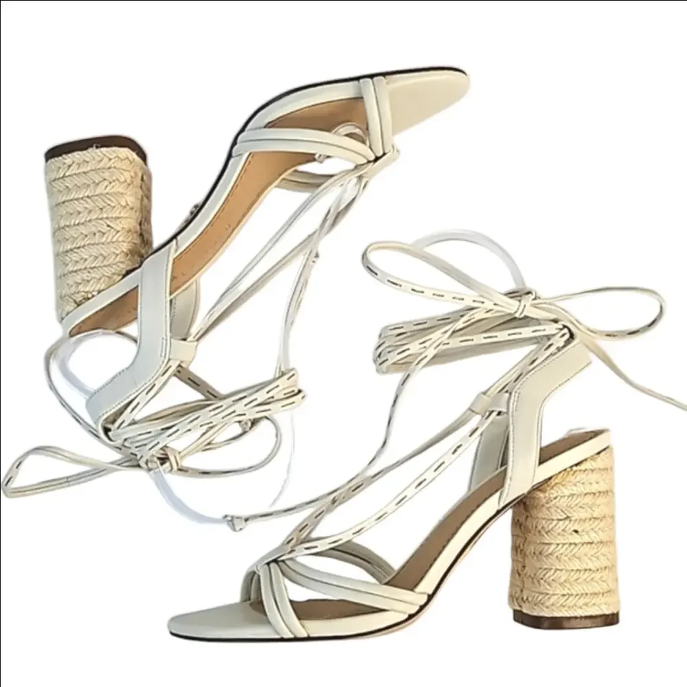Gibson Latimer Tasha Sheep Leather Cream Open Toe Ankle Wrap Block Heel Sandal - Picture 2 of 16